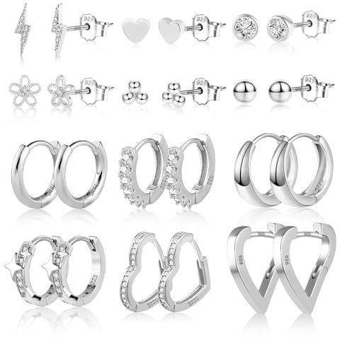 925 Sterling Silver Earrings Set, 12 Pairs Small Studs Earrings Silver Hoop Earrings, Multipack Piercing Mini Tiny Zircon Ball Studs Heart Square Oval Cartilage Silver Huggie Hoop Earrings for Women