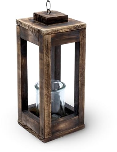 Holz Hänge Laterne mit Metall Kette - 31 cm - Deko Kerzenhalter mit Kerzenglas - Tisch Deko Leuchte Windlicht Kerzenhalter zum Aufhängen