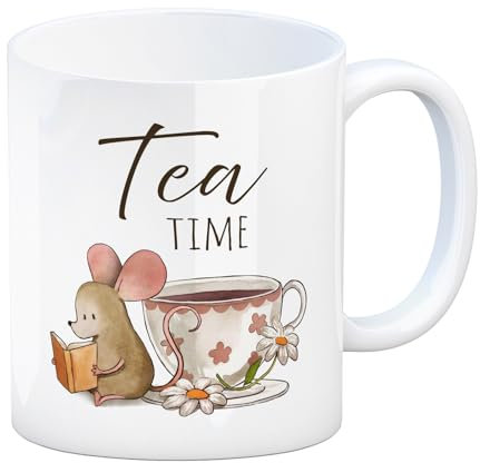 Maus mit Buch Kaffeebecher mit Spruch Tea Time Vintage Relax Lesen Leseratte Bücher Pause - Tasse Perfekt für die Leseecke und gemütliche Teestunden
