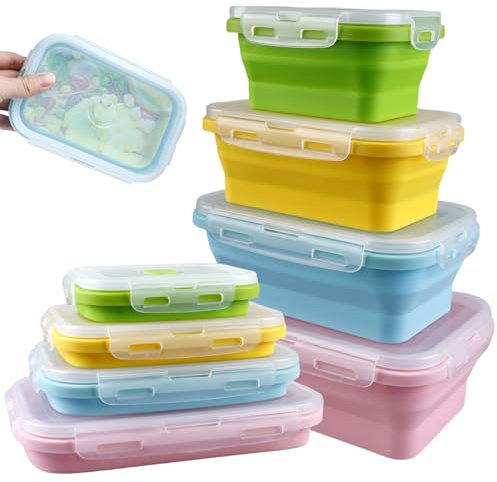 Fiambrera plegable de 4 piezas: fiambrera plegable de silicona para alimentos (azul/verde/rosa/amarillo)