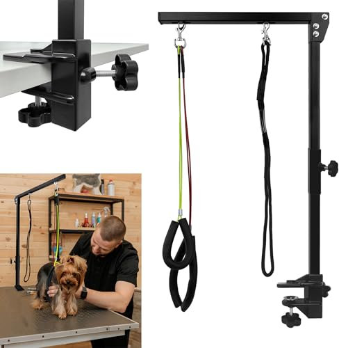 Suusolny Haustier Fellpflege Arm Fellpflegearm mit Klemme 35 Zoll Tierpflegearm Höhenverstellbar Faltbarer Tierpflege mit Hundepflege Schlaufe & No-Sit-Hüfthaltern für große und kleine Hunde