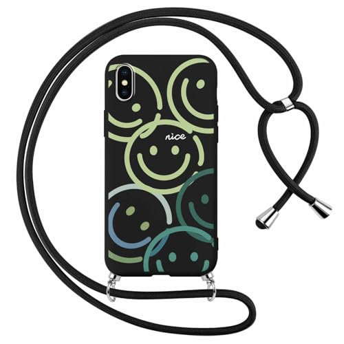 Xylota Handykette Handyhülle für iPhone X/iPhone XS 5,8 Hülle mit Band, Niedliches Muster Smiley Case mit Kordel zum Umhängen, Weich TPU Dünn Silikon Stoßfest Schutzhülle Cover für iPhone X, Schwarz