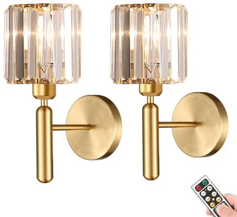 Wireless Wall Sconces Battery Operated Wall Lights set of 2, Not Hardwired Wall Mounted Lamp with Crystal Shade, Rechargeable Dimmable Wall Sconce Light for Living Room Bathroom Vanity Bedroom Hallway