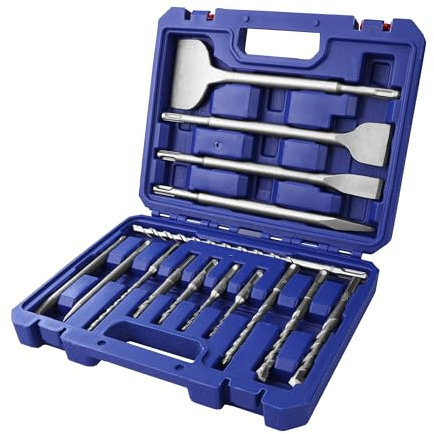WORKPRO SDS Plus - Set di punte e scalpelli da 15 pezzi, punte per calcestruzzo con scalpelli appuntiti e piatti per mattoni, cemento, pietra, calcestruzzo e muratura, accessori per trapani