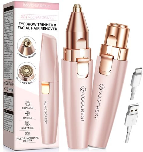 VG VOGCREST Augenbrauen-Gesichtstrimmer 2 in 1 Wiederaufladbare Gesichtshaarentfernung und Augenbrauenrasierer - Gesicht Lippen Körper Schmerzloser Gesichtsrasierer mit eingebauter LED (Rose)