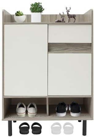 HUSPOO Schuhschrank, Freistehender Schuhschrank mit 2 Türen und Schubladen, 60x32x90cm, Schuhregal Schuhaufbewahrung für Eingangsbereich, Dichtes Brett (Weiß+ Kiefer Farbe)