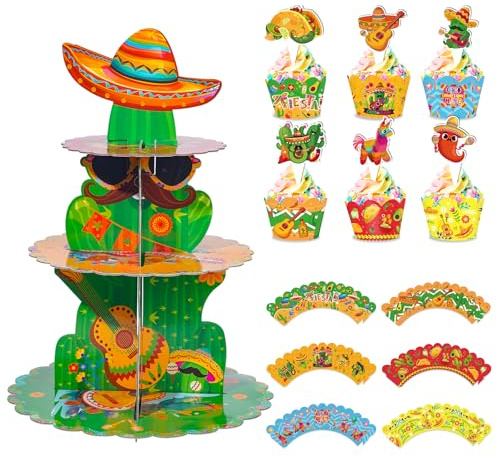 Liobelon 1 x 3-stöckiger mexikanischer Cupcake-Ständer mit 24 Stück Cupcake-Förmchen, mexikanische Fiesta-Party-Dekorationen, Cinco de Mayo Fiesta, Cupcake-Halter für Fiesta-Party, Taco-Kuchenständer