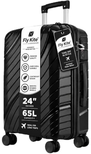 Fly Kite Luggage 24 Inch Medium Suitcase 100% Polypropylene Hard Shell with Aluminium Trolley Handle, Real TSA 3 Digit Secure Lock 360° Smooth Wheels Lightweight Suitcase|Black