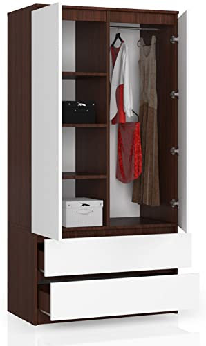BDW Kleiderschränk 2 Türen, 4 Einlegeböden, Kleiderständer, 2 Schubladen, Mehrzweckschrank, Schubladenschrank, Garderobenschrank für Schlafzimmer, Wohnräume, 180x90x51cm, Wenge/Weiß