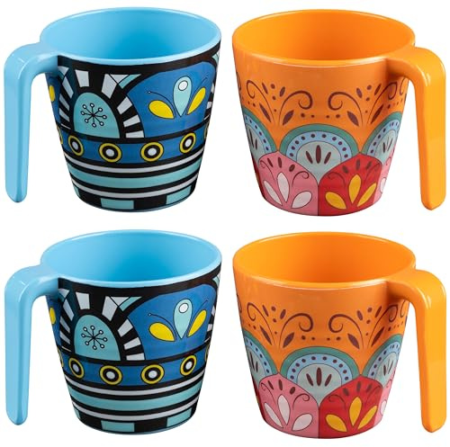 Tasses en mélamine 350 ml idéales pour le camping 4 personnes – Toscane pastel – Empilables – Aspect faïence mandala – Tasse à café