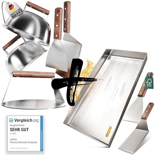 LIKAYA Lot : plaque de cuisson en acier inoxydable [20 x 40 cm] + set Burger Master – 4 spatules pour barbecue, 2 cloches à hamburger et smasher avec manche en bois d'acacia FSC – Des hamburgers