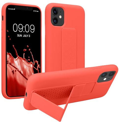 kwmobile Case Compatible with Apple iPhone 11 - Case with Hand Strap and Stand Soft TPU Silicone Coating - Coral