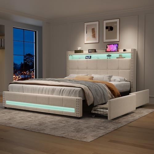 4ft6 Double Bed Frame with 4 Storage Drawers, Upholstered Platform Bed with Storage Shelf & LED Lights & Charging Station, Linen Functional Beds, Sturdy Metal-Wood Support, No Box Spring Needed,Beige