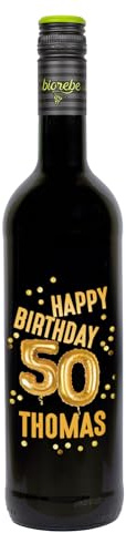 Herz & Heim® Personalisierter Geburtstagswein mit Name & Alter – Weißwein, Rosé oder Rotwein – Geschenkidee zum Geburtstag mit goldenem Ballon-Dekor (50. Geburtstag, Rotwein)