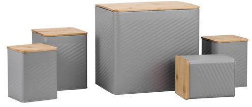 EHC 5 piece Kitchen Storage Canister Set - Tea, Coffee, Sugar, Biscuit, & Bread bin With Lid, Airtight Containers with Lid, Jars Set of 5, Kitchen Accessories & Essentials, Grey