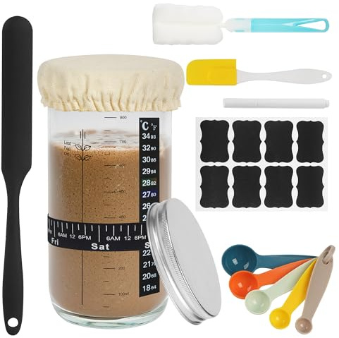 Sauerteig-Starterglas, Sauerteig Starter Set, Sauerteig Glas, Brot Backen Zubehör, Wiederverwendbares Fermentationsglas mit Aluminiumdeckel, Gärtuch, Temperaturband, Etikett, Silikonspatel(1000ML)