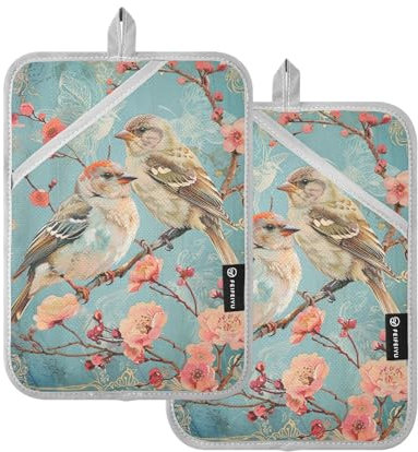 Illustration Cute Bird Spring Designed Pot Holders Sets Heat Resistant Hot Pan Holders for Kitchen with Pockets Oven Mitts 2 Pack