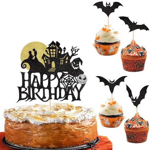 25 Stück Halloween Tortendeko Set – 1x Großer Cake Topper + 24x Fledermaus Muffin Picks – halloween tortendeko & halloween muffin deko für Grusel Party, Geburtstag, Kürbis Hexe Gespenst Thema