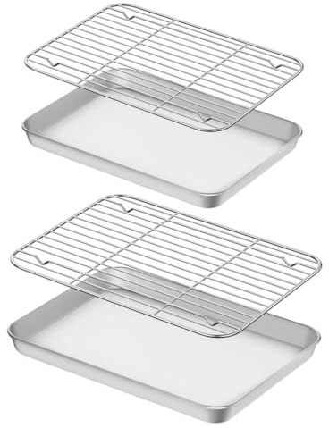 Ciieeo 2 Sets Stainless Steel Baking Tray and Cooling Rack Compact Oven Baking Sheet Pan for Roasting Grilling and Oil Draining