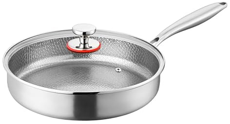 JIABAOZ Padella in Titanio Puro con Coperchio, Padella Martellato Antiaderente, Antiaderente Multifunzionale Resistente Antigraffio in Titanio per Tutti Piani Cottura (With lid,20cm)
