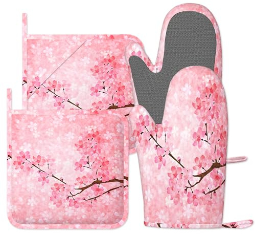 Oven Mitts and Pot Holders Sets, Pink Cherry Blossoms Oven Gloves Heat Resistant, Cute Baker Stuff, Chef Cooking Baking Gifts for Bakers, Kitchen Gifts for Cooking Lover Cooks Mom