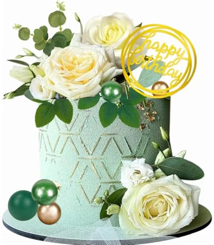 Toyhood Lot de 28 roses artificielles pour décoration de gâteau, avec boules colorées, fleurs et feuilles artificielles blanches, boules de gâteau vertes, dorées et blanches, pour décoration de fête