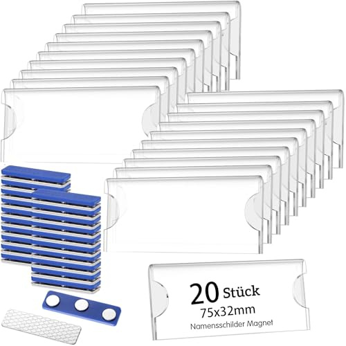 Namensschilder Magnet,Namensschilder für Kleidung mit 3-Punkt Magnet | 20 Stück 75x 32 mm Transparente Acryl Magnetschilder zum Beschriften für Büro, Schule und Messe