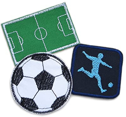 3 Fußball Aufnäher zum aufbügeln, Fussball Bügelbilder mit Fußballfeld und Fußballer für Kinder