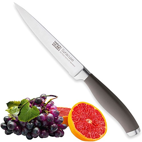 Taylors Eye Witness Syracuse Serrated Utility Kitchen Knife - Professional 13cm/5” Cutting Edge, Multi Use. Ultra Fine Toothed, Razor Sharp Blade. Soft Textured Grey Handle, Excellent Grip.