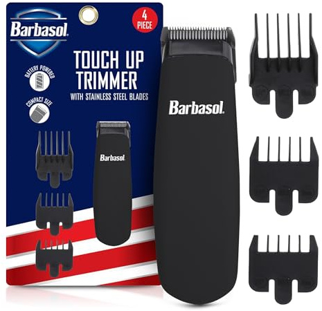 Barbasol Touch Up Trimmer for Men, Compact Electric Xtreme Precision Beard and Hair Trimmer with Stainless Steel Blades & 3 Guide Combs (3, 6, 10mm), Wireless, AA Battery Powered (not Included)