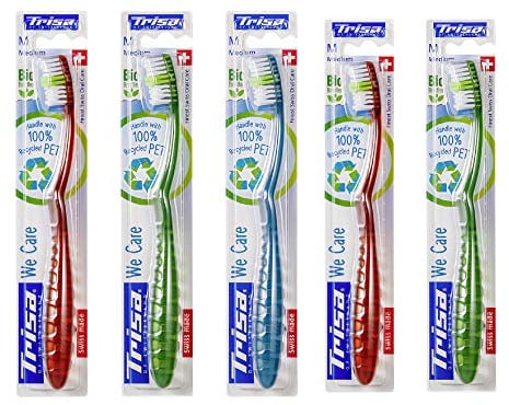 TRISA We Care - The First Sustainable Toothbrush Made from Recycled PET Bottles - 100% Recyclable PET Handle - Ecological Castor Oil Bristles - Made in Switzerland - Pack of 5