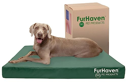 Furhaven Wasserabweisendes Hundebett mit kühlendem Gel, mit abnehmbarem waschbarem Bezug, für Hunde bis zu 56,7 kg, Innen/Außen, Logo-Druck, Oxford-Polycanvas-Matratze, Waldgrün, Jumbo Plus/XXL