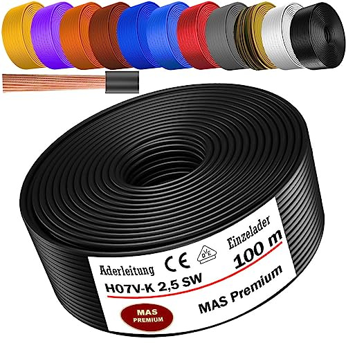 MAS Premium De 5 a 100 m de cable H07 V-K 2,5 mm² SW, HBL, GNGE, RT, DBL, BR, OR, GR, WS, VIO o GE, cable individual flexible (negro, 100 m)
