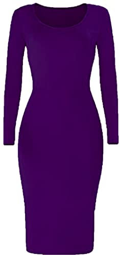 Brezza Ladies Womens Plain Long Sleeve Scoop Neck Stretch Bodycon Maxi Midi Dress 8-26 Purple