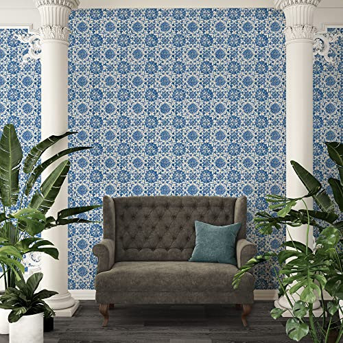 A.S. Création Selbstklebende Tapete Landhaus Fliesen weiß blau The Wallcover 385601 Vintage 8,40x0,53m, Blau, Weiß, 8,40 m x 0,53 m = 4,24m²