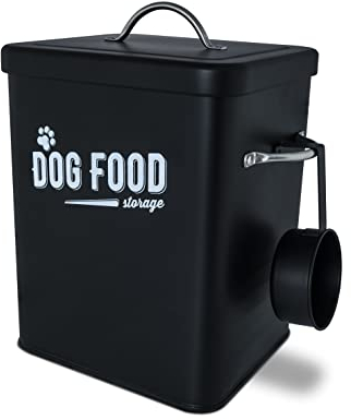 Supremery Hundefutterbox mit Dosierlöffel - Metall Aufbewahrungsbox für Hundefutter - Futter Dose Deckel - Vintage Hundefutter Box Behälter - grau