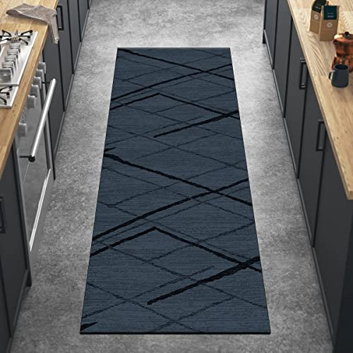 Ymural Teppich Läufer Flur Küchen rutschfest Meterware Blau 120x180CM Lang Modern Gestreift Teppichläufer Waschbar Kurzflor Küchenläufer Polyester Korridor Schlafzimmer, Anpassbar