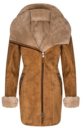 Ladies Hooded Shearling Sheepskin Merino Suede Leather Coat