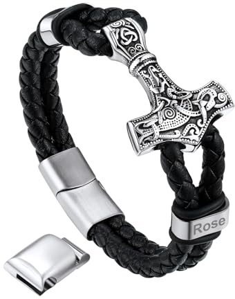 Bandmax Personalisiertes Armband mit Thors Hammer Herren Mjölnir Lederarmband Flechtarmband mit Magnetverschluss Manschette Leder-Armband Wikinger Amulett Schmuck für Ehemann