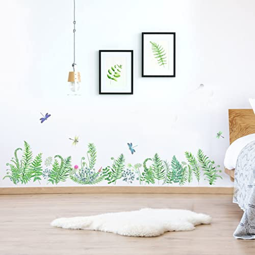 AnFigure Green Fern Plants Wall Corner Stickers Tropical Nature Leaves Dragonfly Grass Baseboard Skirting Line Botanical Wall Decals Living Room Bedroom Kitchen Wall Decor