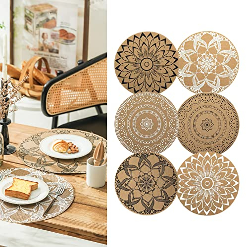 CcHhyyt 6er Set Runde Boho-Tischsets für den Esstisch PVC Platzsets waschbar hitzebeständig Essmatte rutschfest Outdoor-Tischsets Esszimmer Hochzeit Bauernhaus Bohemian-Stil Tischdekoration (Mix)