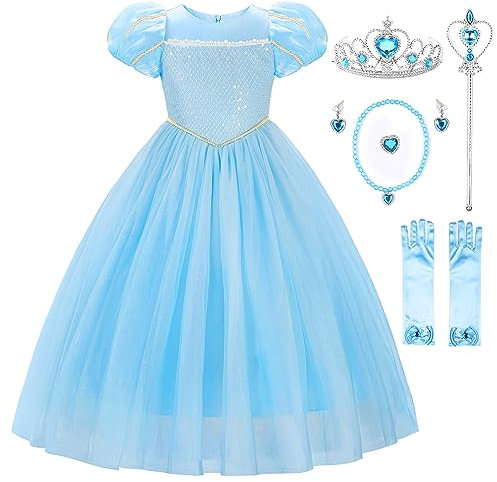 JerrisApparel Déguisement Princesse Filles Carnaval Robe Rose Halloween Cosplay (140, Bleu)