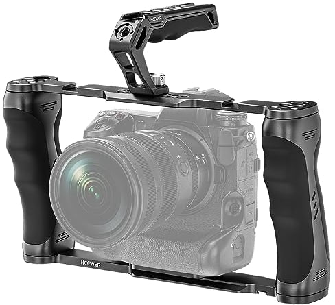 NEEWER Gabbia Universale per Fotocamera & Impugnatura Superiore+Kit Perni di Posizionamento ARRI da 3/8,Stabilizzatore per Fotocamera Video Rig con Base di Tipo Arca, Compatibile con SmallRig, CA016T