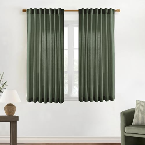 XTMYI Kurze Vorhänge für Badezimmerfenster, dunkles Olivgrün, Boho-Badezimmer-Dekor, Dusche, durchscheinende Leinen-Küchenvorhänge, 114 cm Länge