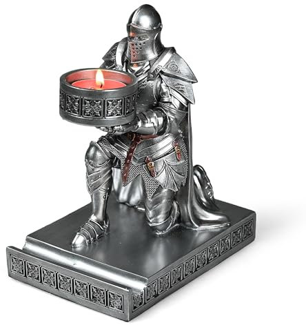 HDMbigmi King's Guard Kniender Ritter Kerzenhalter, Kunstharz, Haltung, Teelichthalter, Krieger, Handy-Ständer, Stifthalter, Kerzenhalter für Restaurant, Altar, Heimtisch (Silber)