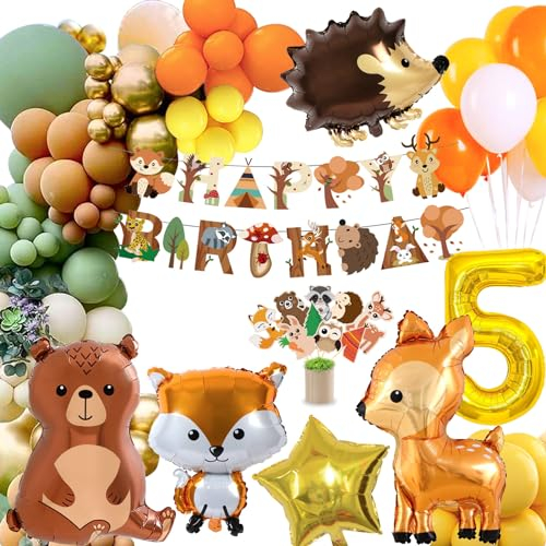 5 Geburtstag Deko Junge Mädchen,Kindergeburtstag Deko,Geburtstagsdeko 5 Jahr,Waldtiere Dschungel Geburtstag Deko,Orange Braun Luftballon mit Happy Birthday