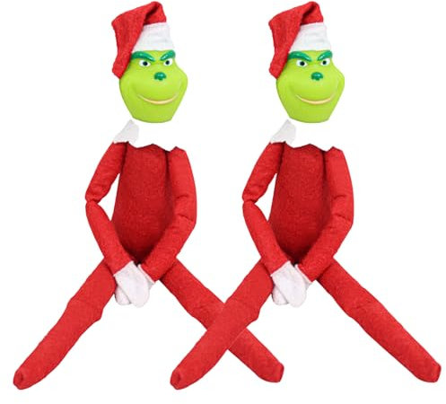 Claofoc Grinch Kuscheltier Christmas Elf Plüschtier Grinch Figur Weihnachtself Puppe Zweiteiliges Set Grinch Plüschtier auf dem Tisch Schreibtisch Regal