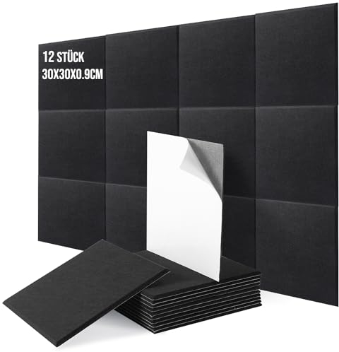 Ezcasch Panneaux Acoustiques Autocollants, 12 Pièces Panneau Acoustique Mural de Bruit Carrées, Isolation Phonique Mur Mousse Acoustique Haute Densité 230kg/m³pour Studio, Bureau(Noir)