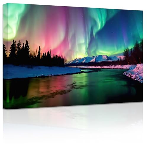 ZXHYWYM Nordlichter Bilder Bunte Aurora Borealis Malerei Wald Berg Leinwanddrucke Natur Landschaft Wohnkultur Gerahmt (Bild-1, (30.00 x 45.00 cms))