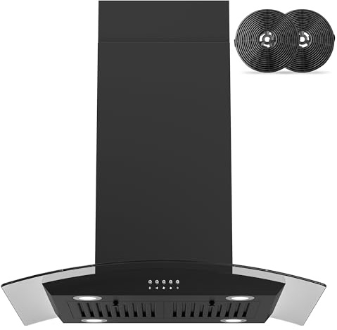 FIREGAS Black Island Mount Range Hood 30 inch with 700 CFM, Ceiling Mount Kitchen Vent Hood Ducted/Ductless Convertible, 4 LED Lights, 3 Speed Exhaust Fan, 2 charcoal fiters, Black